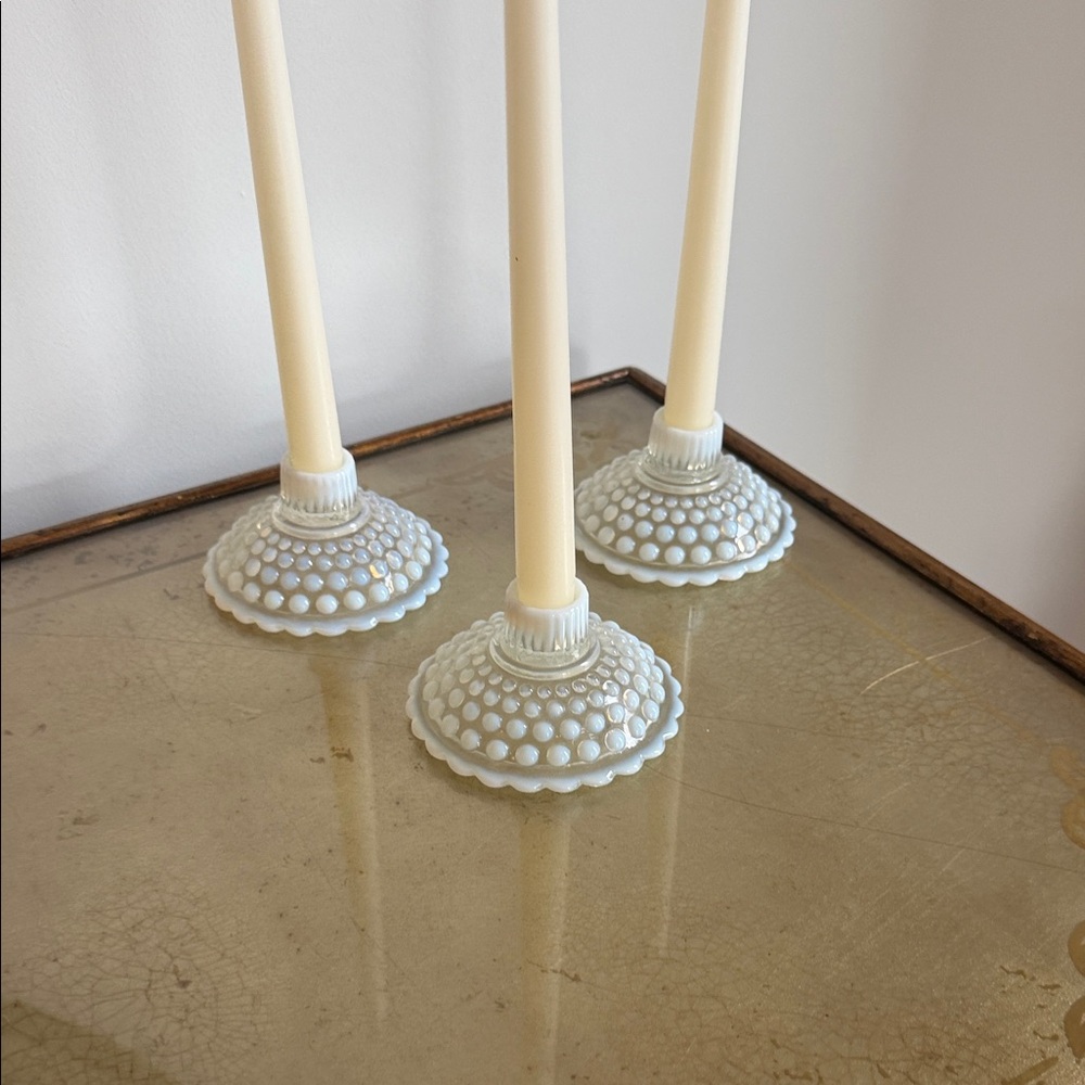 Elegant  vintage opalescent hobnail set of 3 Cream Candle Holders